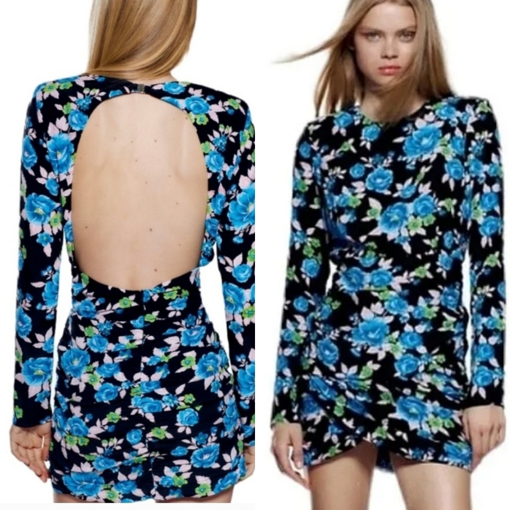 🌞NWT Zara Floral Print Cutout zopen Back Dress Lomg Sleeve  Medium